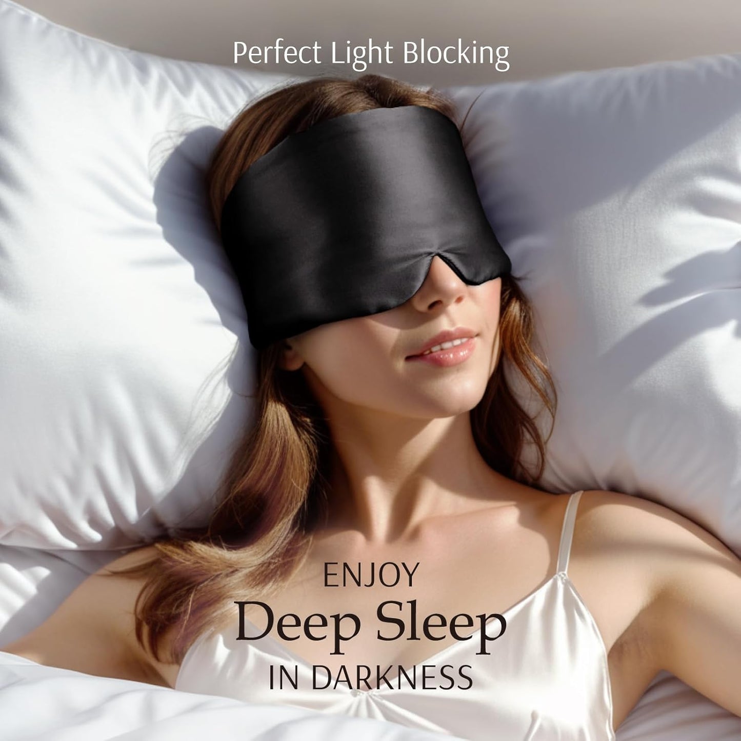(Black) - 100% Mulberry Silk Sleep Mask Eye Mask for Man and Woman with Adjustable Hook and loop Headband, Full Size Large Sleep Mask & Blindfold for Total Blackout for All Night Sleep, Travel & Nap- Black