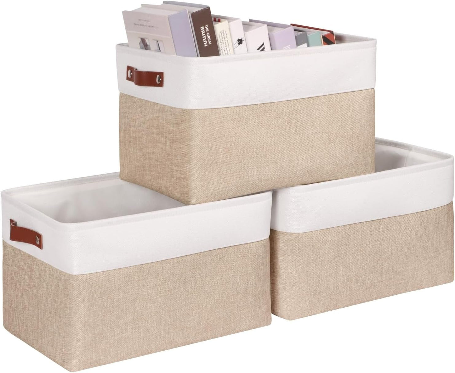 KEEGH Fabric Storage Bins,15 x 10.5 x 9.5 Foldable Storage Baskets Large Collapsible Organizer Baskets 3-Pack with Leather Handle for Home Nursery Organization,White/Brown
