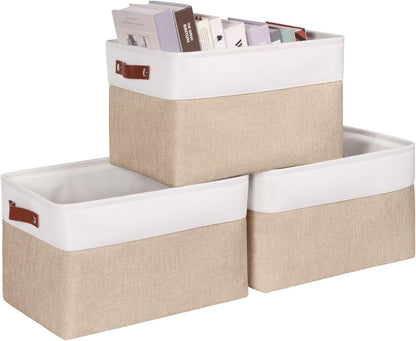 KEEGH Fabric Storage Bins,15 x 10.5 x 9.5 Foldable Storage Baskets Large Collapsible Organizer Baskets 3-Pack with Leather Handle for Home Nursery Organization,White/Brown
