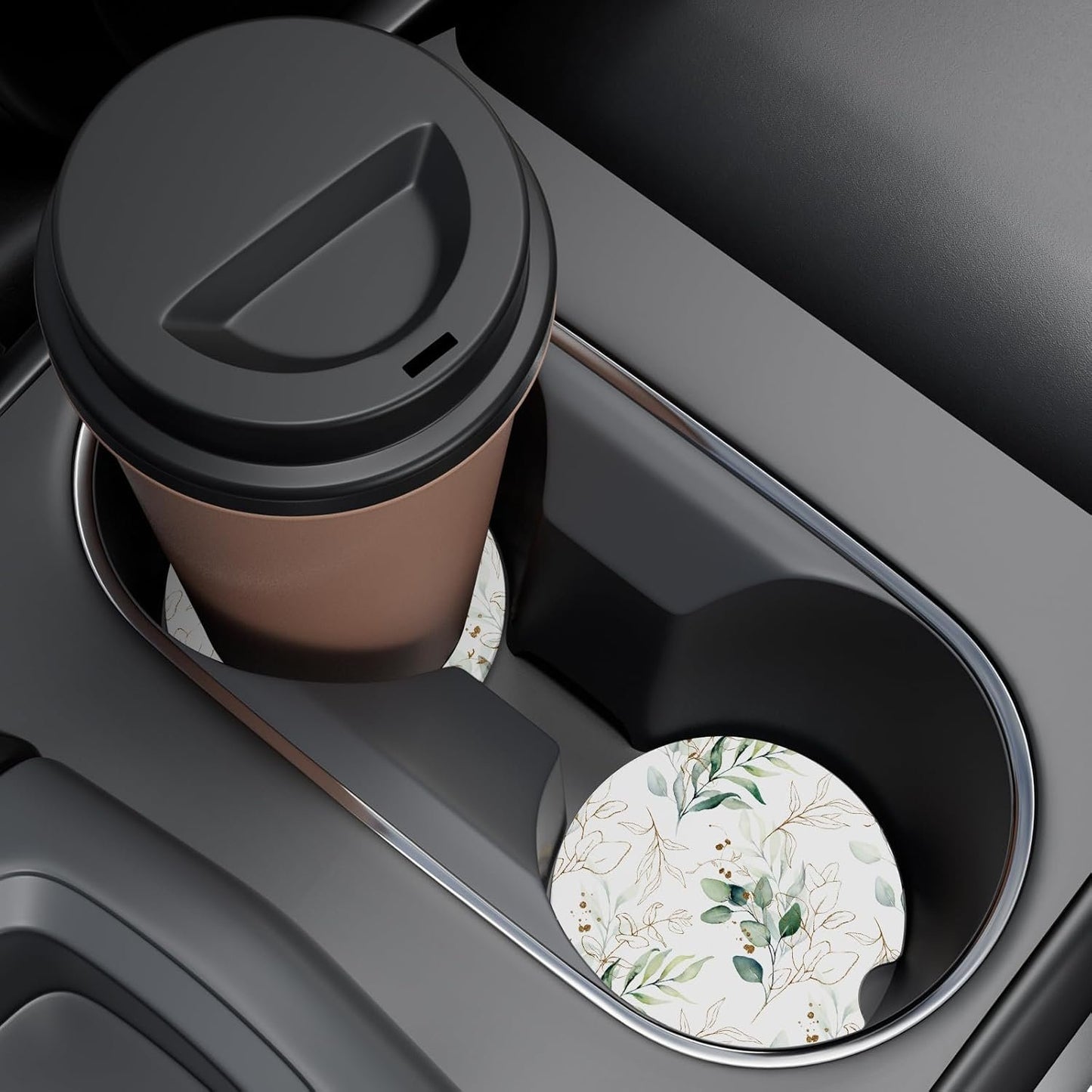 Car Cup Holder Coaster, Car Coasters for Cup Holders, 2 Pack Universal Anti Slip Insert Absorbent Ceramic Car Coaster with A Finger Notch & Cork Base, Cute Car Interior Accessories for Women(Leaves)
