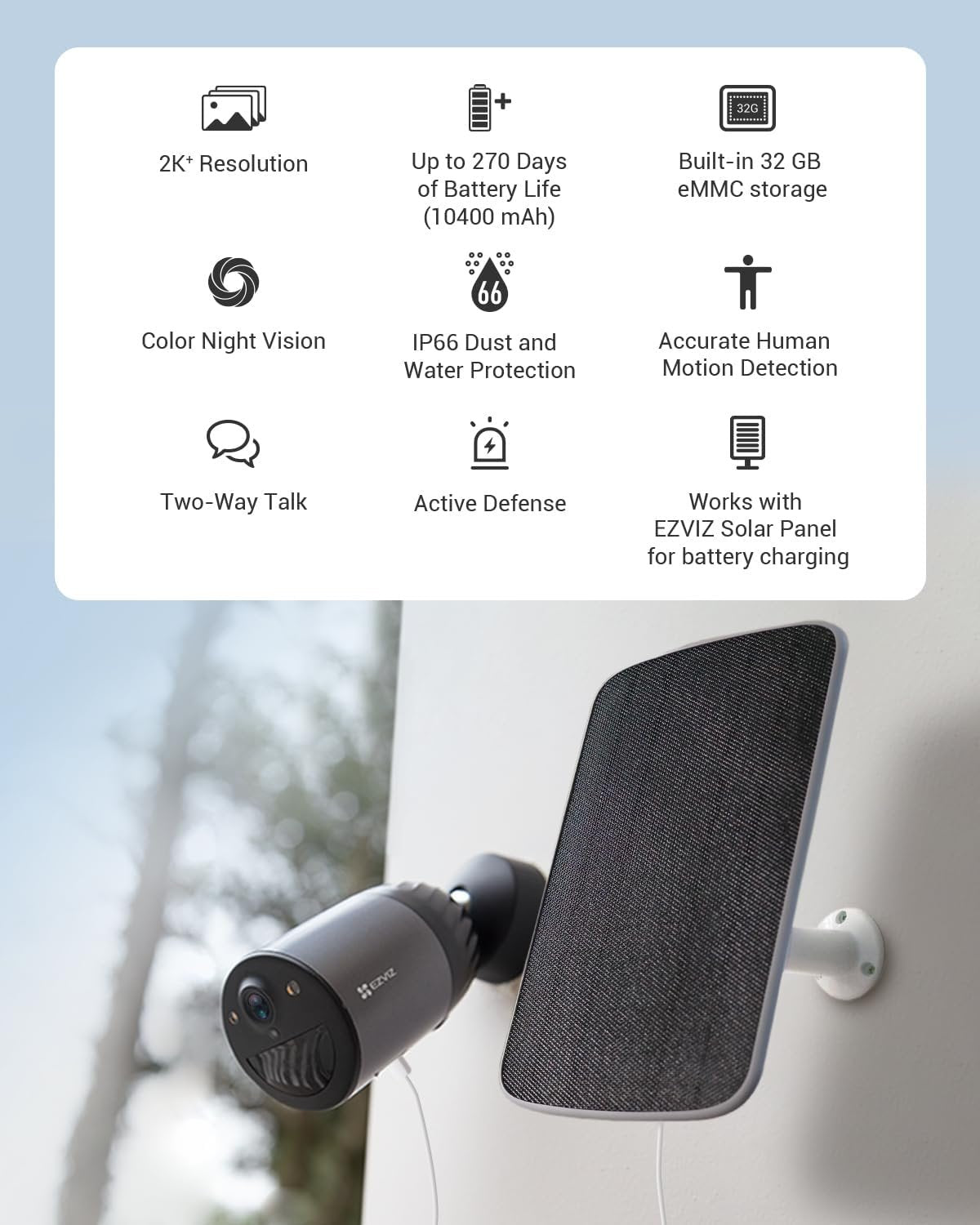 EZVIZ Outdoor Security Camera Wireless, Solar/Battery Operated Security Camera, 210-Day Battery Life, IP66 Waterproof, Color Night Vision, 1080P, Human Detection, Includes Solar Panel (BC1C 2MP KIT)