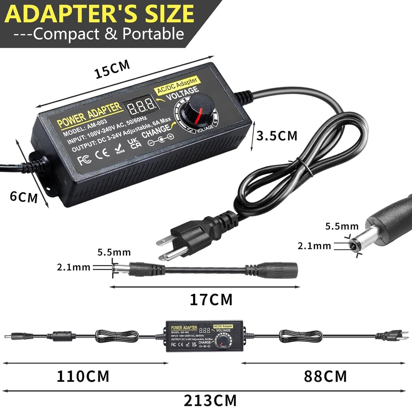 Universal Power Supply Adapter 144W 3V~24V 6A Adjustable Variable Switching Power Adapter 100V-240V AC to DC Converter Transformer with 14 Tips&Polarity Converter3V 5V 6V 9V 12V 15V 16V 18V 19V 20V24V
