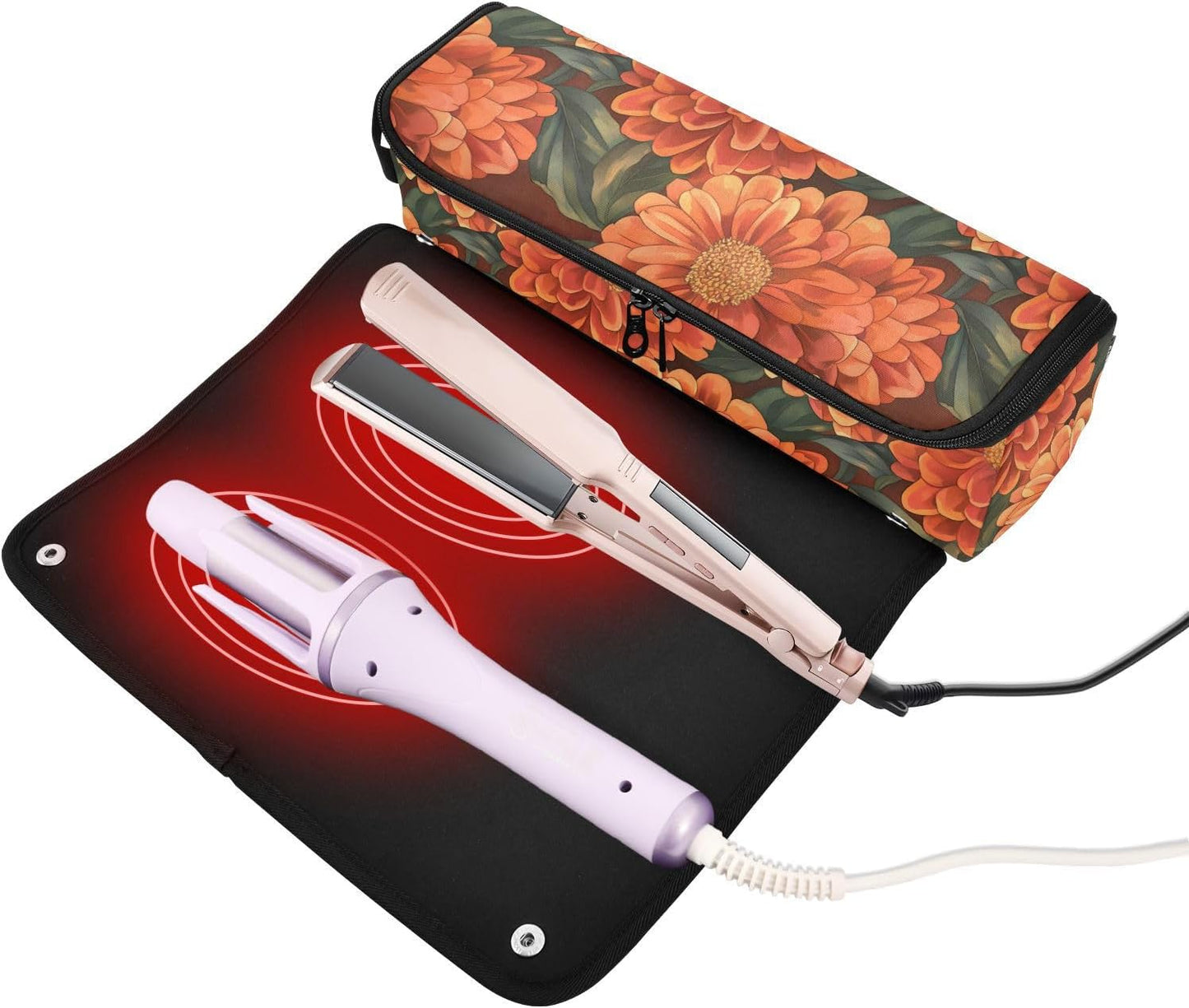 Borsa da viaggio per strumenti per capelli con motivo floreale arancione e tappetino resistente al calore, custodia da viaggio portatile per strumenti caldi e accessori per la cura dei capelli