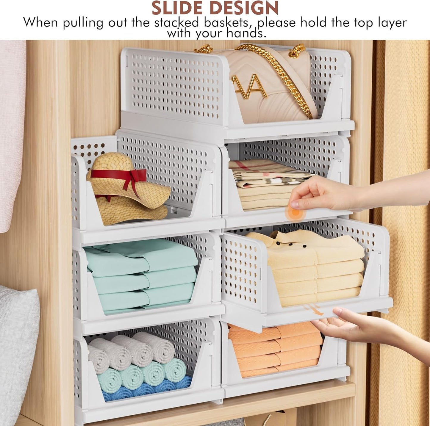 TidyIsles Wardrobe Storage Organiser - 4 Pack Folding Closet Organisers, Stackable Storage Boxes, Plastic Drawer Organiser Basket for Bedroom Kitchen Bathroom White
