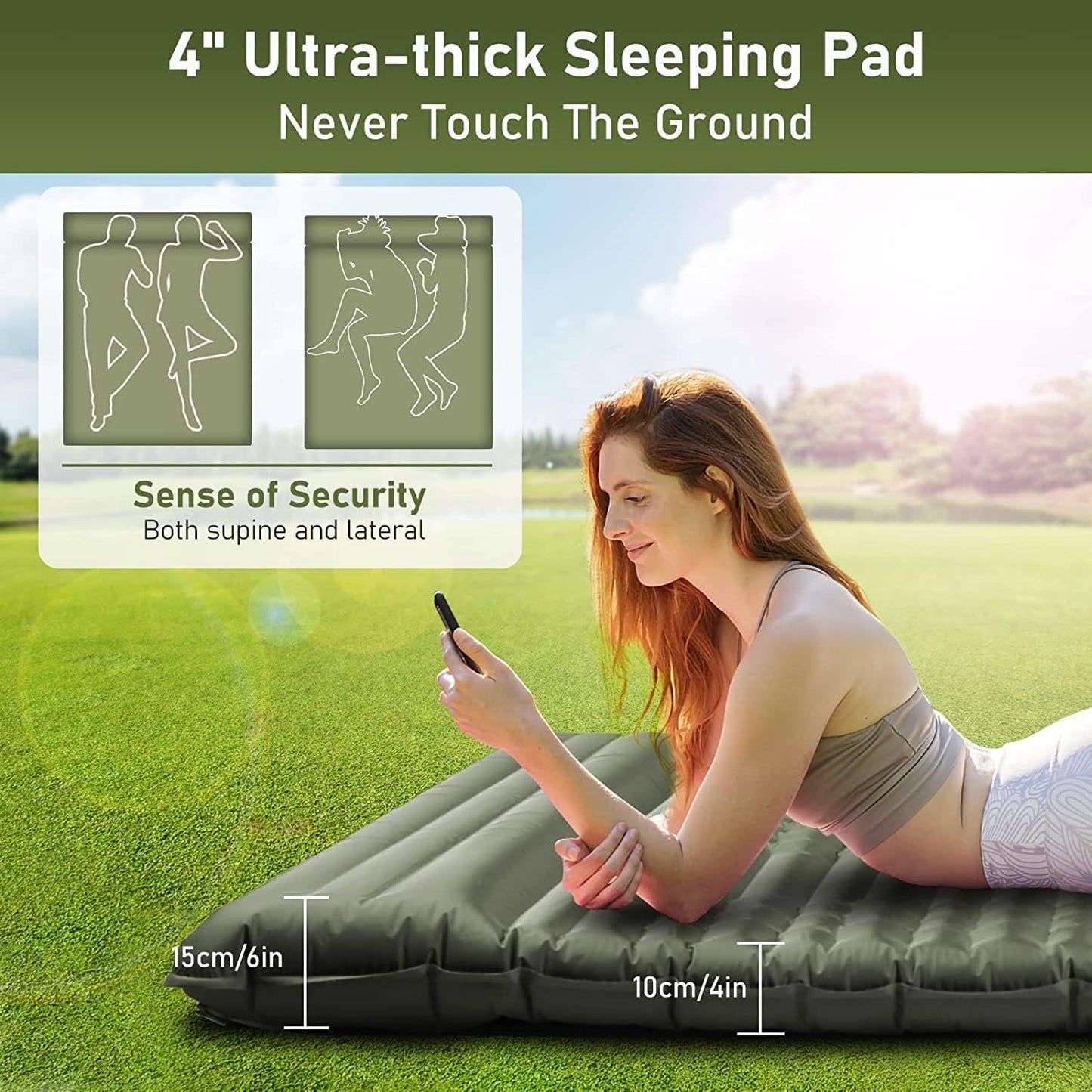 Camping Sleeping Pad-Elegear 4inchUltra-Thick Double Self-Inflating Mattress Camping Waterproof, Air Sleep Mat with Carry Bag Built-in Pillow Foot Pump for Cots Backpacking,Hiking,Camping,Travel,Green