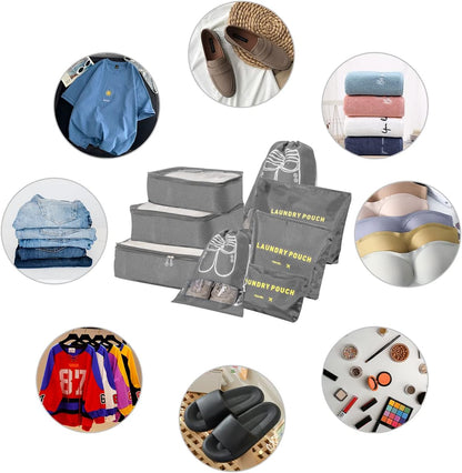BillyBath Suitcase Organizer Set, 8 in 1 Travel Organizer for Clothes, Shoes, Cosmetics, Grey