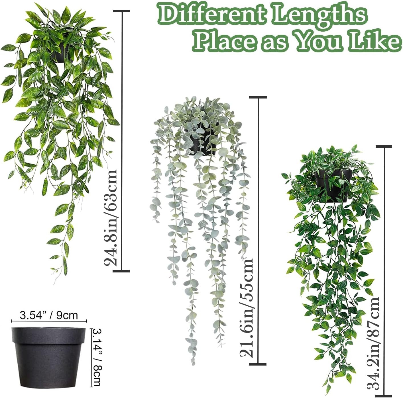 Artificial Hanging Plants 3Pcs Potted Greenery Decor - Grey Eucalyptus Mandala Snow Pea Vine in Pot Plants for Office Farmhouse Home Indoor Outdoor Decor