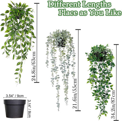 Artificial Hanging Plants 3Pcs Potted Greenery Decor - Grey Eucalyptus Mandala Snow Pea Vine in Pot Plants for Office Farmhouse Home Indoor Outdoor Decor