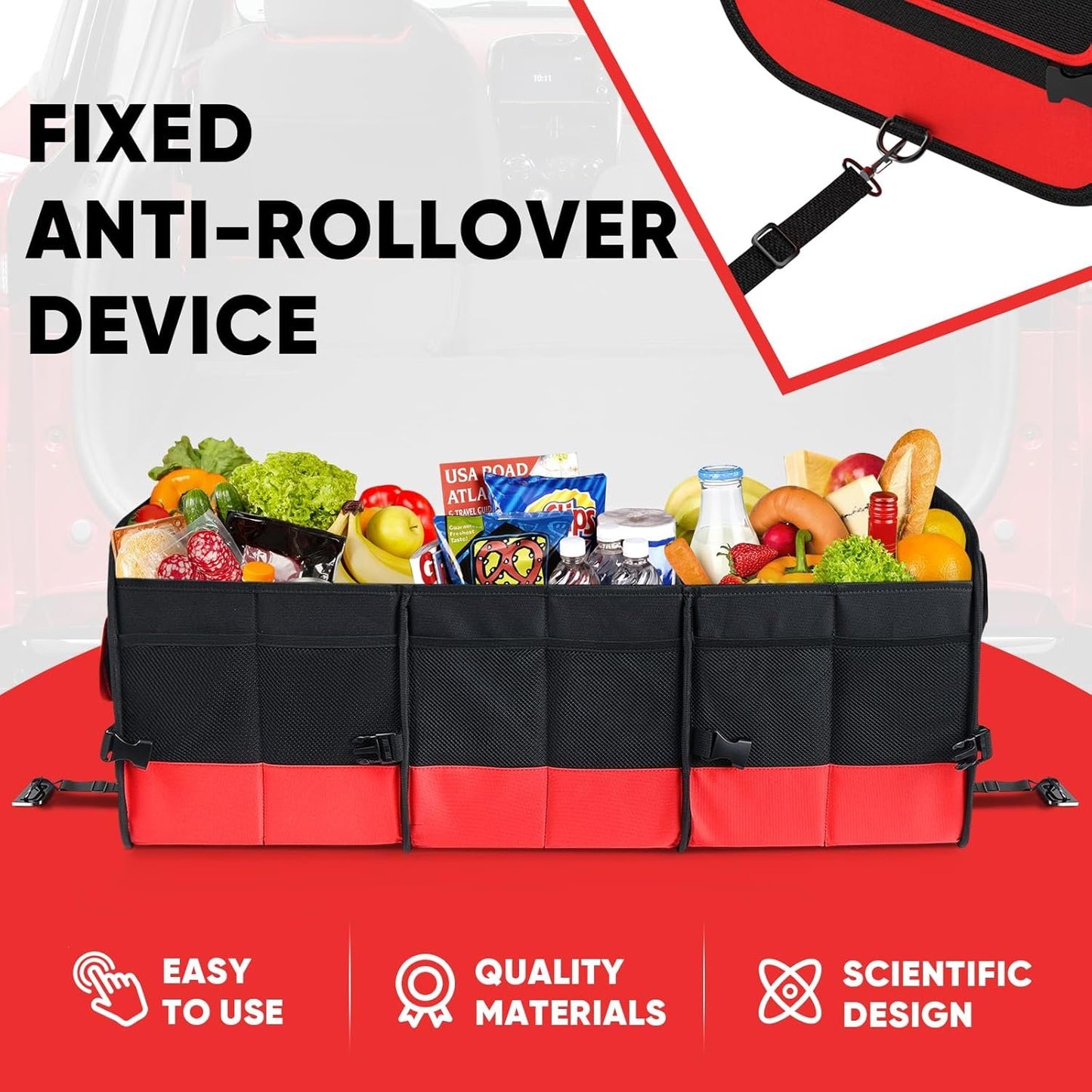 Simniam Large Trunk Organizer for Car, Collapsible Multi Compartment Car Trunk Organizer with 2 Retractable Straps, Suitable for All Kinds of Cars, SUV, Minivan - 4 Compartments Red