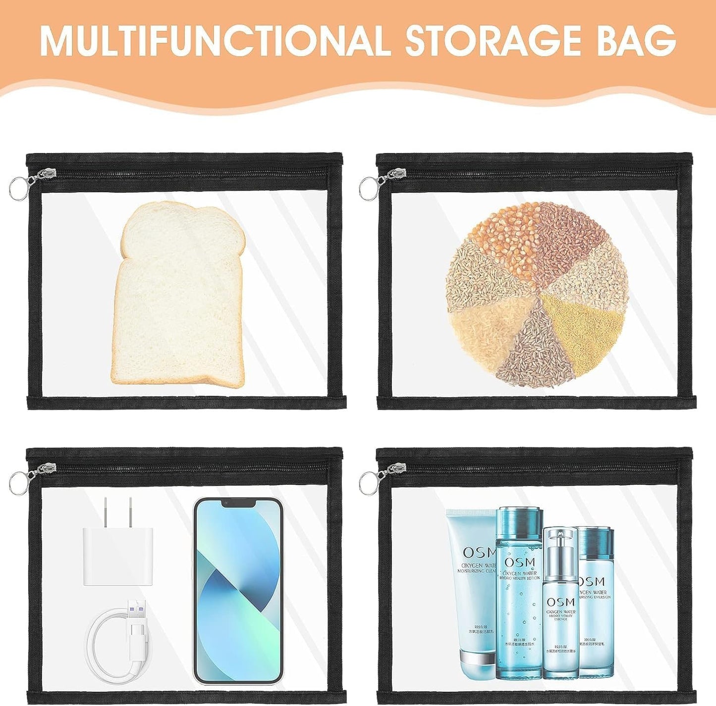 Airport Security Liquids Bag 27X22cm Clear Toiletry Bag Hand Luggage Regulations Waterproof Liquids Wash Bags Travel Accessory Holiday Essential (Black Round Zipper 4pcs)