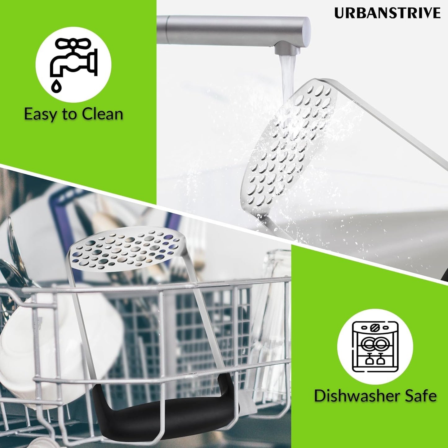Urbanstrive Upgraded Smooth Mash Potato Masher Stainless Steel, Durable Mashed Potatoes Masher Kitchen Tool, Easy-to-Clean, Soft Non-slip Handle, Kitchen Utensils, Kitchen Gadgets, Black