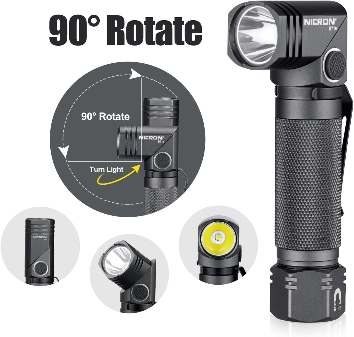 COSMOING 1300 Lumens Rechargeable Magnetic Flashlight, 6 Modes LED 90 Degree Flashlight Twist IP65 Waterproof High Bright EDC Pocket Torch, Tactical Flashlight for Camping, Emergency, Repair, Outdoor