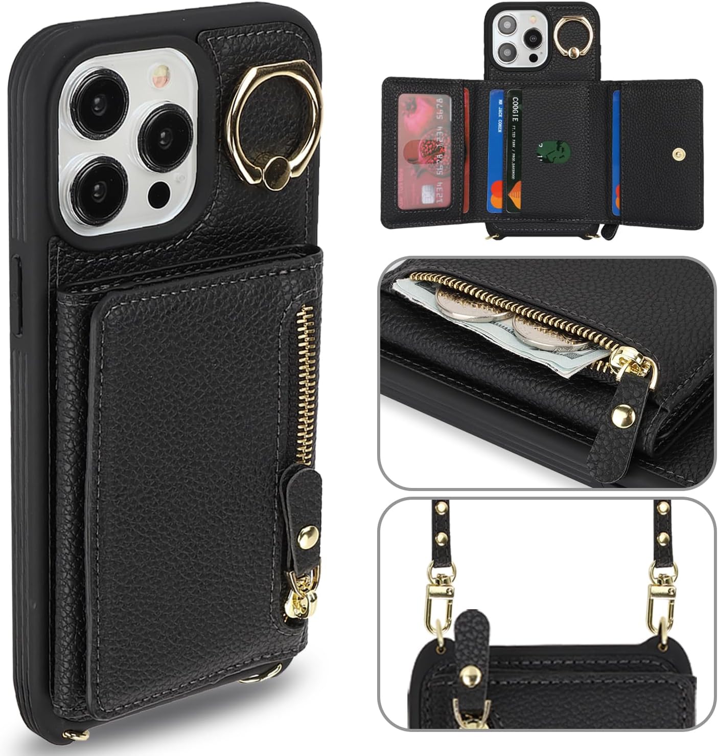 SunYoo for iPhone 15 Pro Max Crossbody Case with Card Holders Money Slots Zipper Coin Purse Rotatable Ring Kickstand Cover Wristlet Strap Lanyard Litchi Leather Wallet for iPhone 15ProMax Black