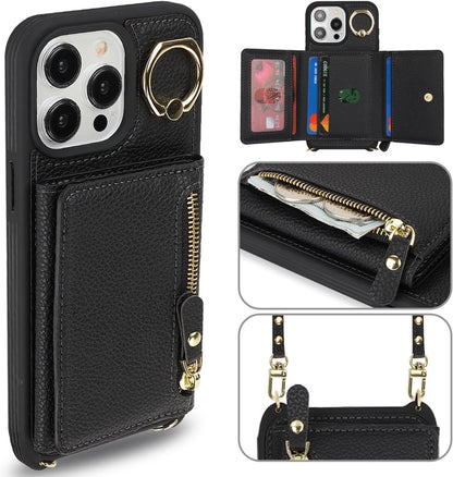 SunYoo for iPhone 15 Pro Max Crossbody Case with Card Holders Money Slots Zipper Coin Purse Rotatable Ring Kickstand Cover Wristlet Strap Lanyard Litchi Leather Wallet for iPhone 15ProMax Black