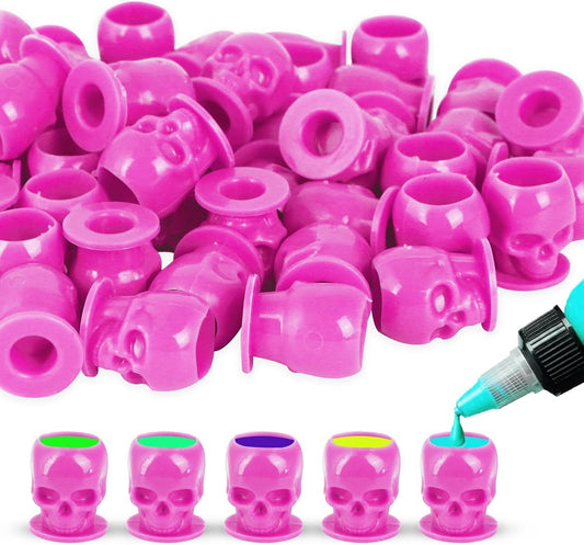 Skull Tattoo Ink Caps - 200pcs Disposable Cups for Permanent Makeup Container Cap, Accessory, Supplies, Kits (Pink)