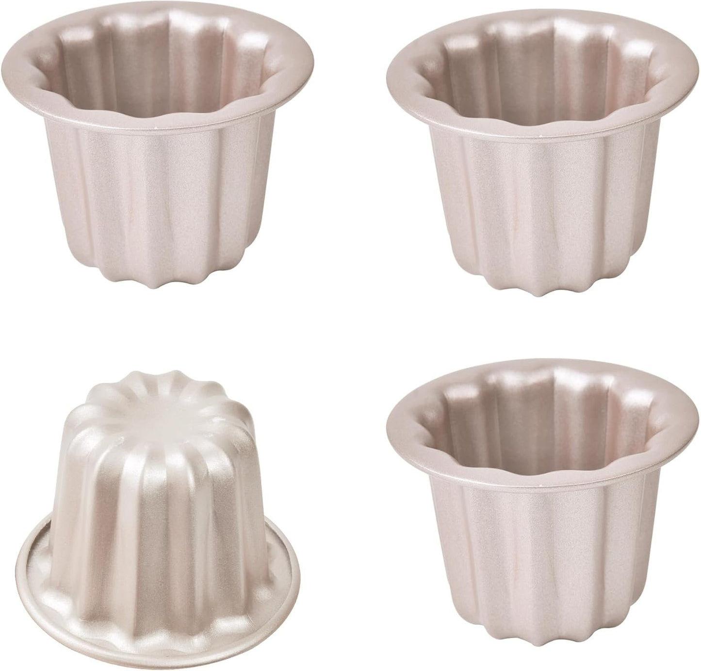 Bakeley Canele Mold Cake Pan, 4Pcs Non-Stick 2.6-Inch Canele Muffin Bakeware Cupcake Pan for Oven Baking (Champagne Gold)