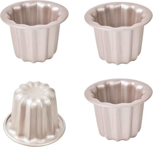 Bakeley Canele Mold Cake Pan, 4Pcs Non-Stick 2.6-Inch Canele Muffin Bakeware Cupcake Pan for Oven Baking (Champagne Gold)