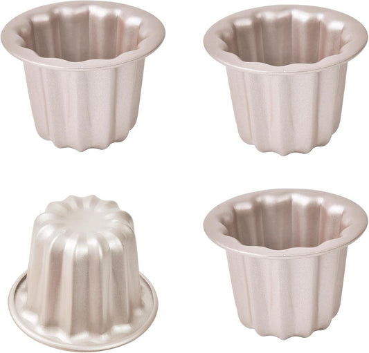 Bakeley Canele Mold Cake Pan, 4Pcs Non-Stick 2.6-Inch Canele Muffin Bakeware Cupcake Pan for Oven Baking (Champagne Gold)