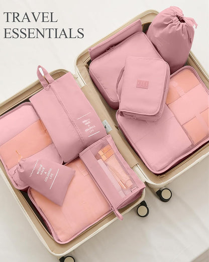 Packing Cubes for Suitcases, TRMFUSA 10 Pcs Packing Organizers, Luggage Organizers with Laundry Bags/Shoe Bag/Toiletry Bag (Pink)