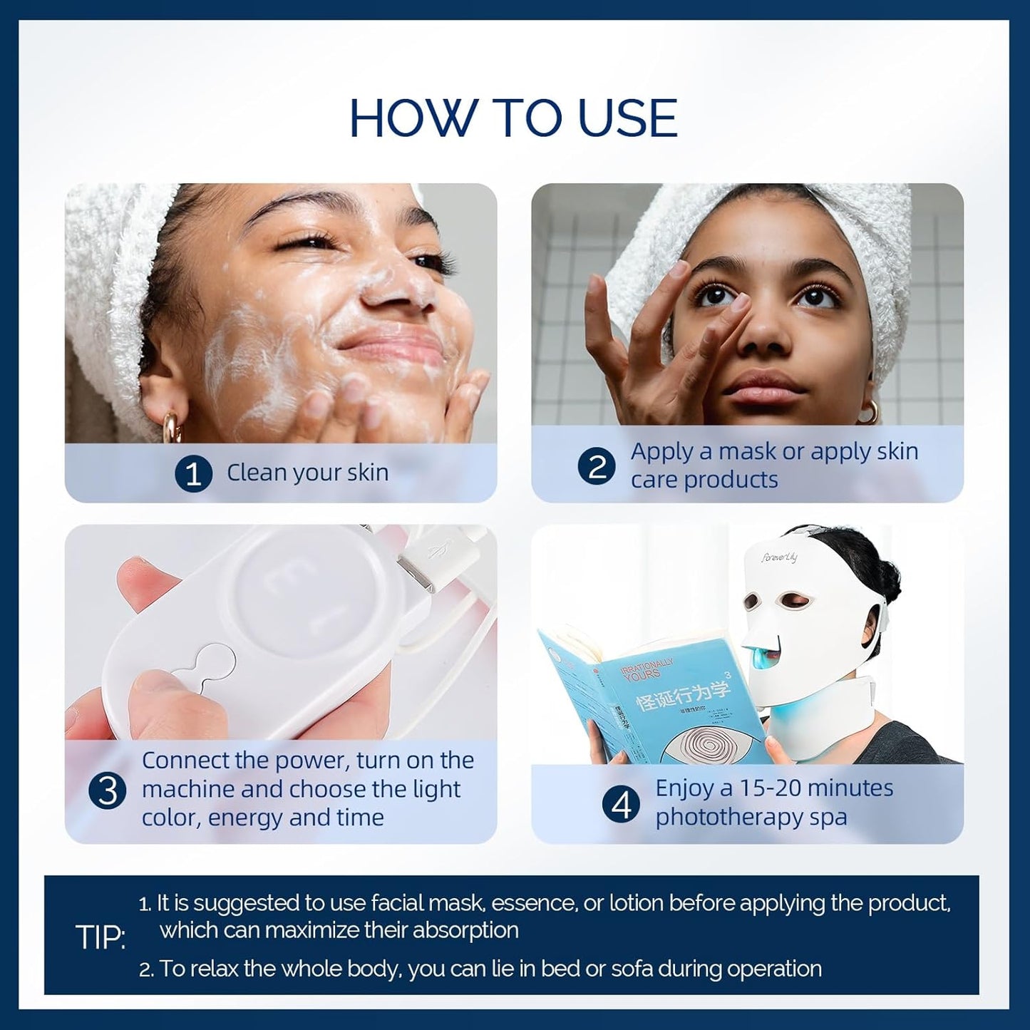 Liarty 7 Colors LED Face Mask Light Therapy, Red Light Therapy Face & Neck Mask, Skin Care Rejuvenation Facial Skin Care Device, Silicone Face Mask Beauty (White)