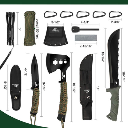 Mossy Oak Axe and Fixed Blade Knife with Sheath, One-Piece Camping Hatchet and Hunting Knife with Rope Handle, Includes Zoomable Tactical Flashlight and Many Other Tools, 15 Pieces Camping Tool Set