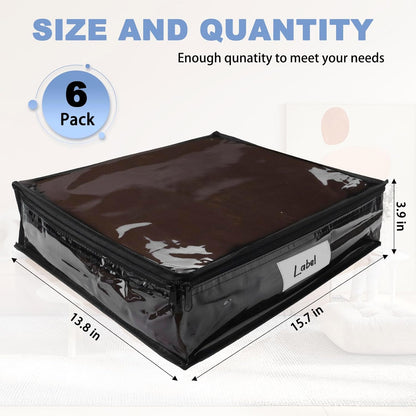 Clear Zippered Storage Bags Plastic Sweater Storage Bags with Zipper 6 Packs Clothing Organizer for Blankets Linen Sweater Bed Sheet Quilt Clothes Pillow (15.7 x 13.8 x 3.9 Inch, Black)