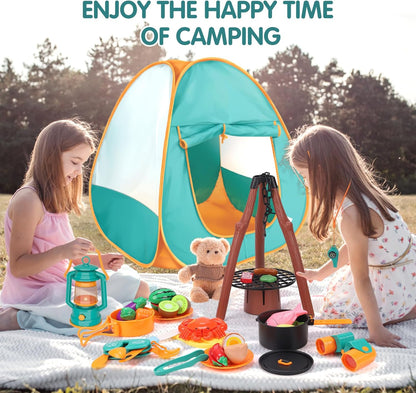 REMOKING Kids Camping Gear Set,28 PCS Camping Tool Pretend Role Play Toys with Play Tent/Campfire/Telescope/Whistle/Fruits Toys,Indoor Outdoor Game for Toddler Kids Boys Girls Age 3 4 5 6 7 8
