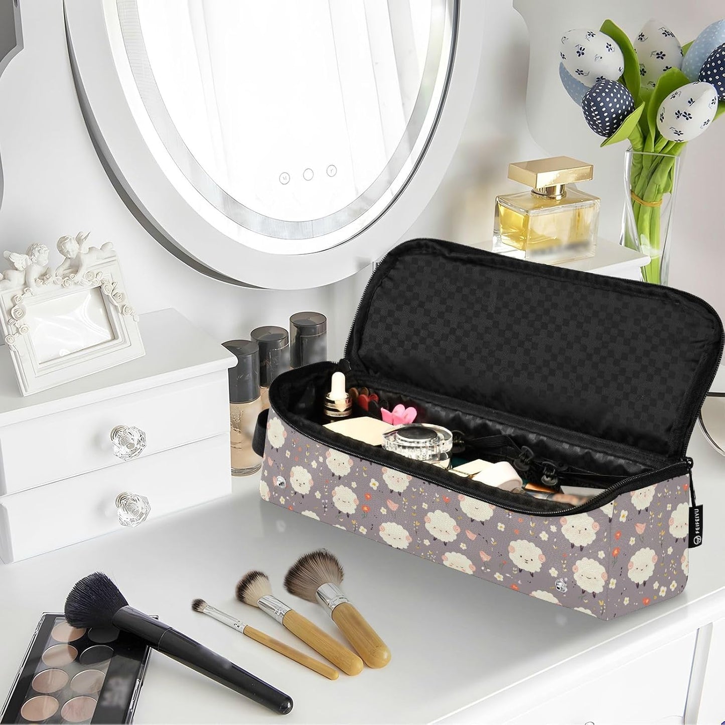 Borsa da viaggio per utensili da donna con tappetino in ferro da viaggio, portatile, per utensili da cucina e accessori per la cura dei capelli, organizer per accessori per capelli