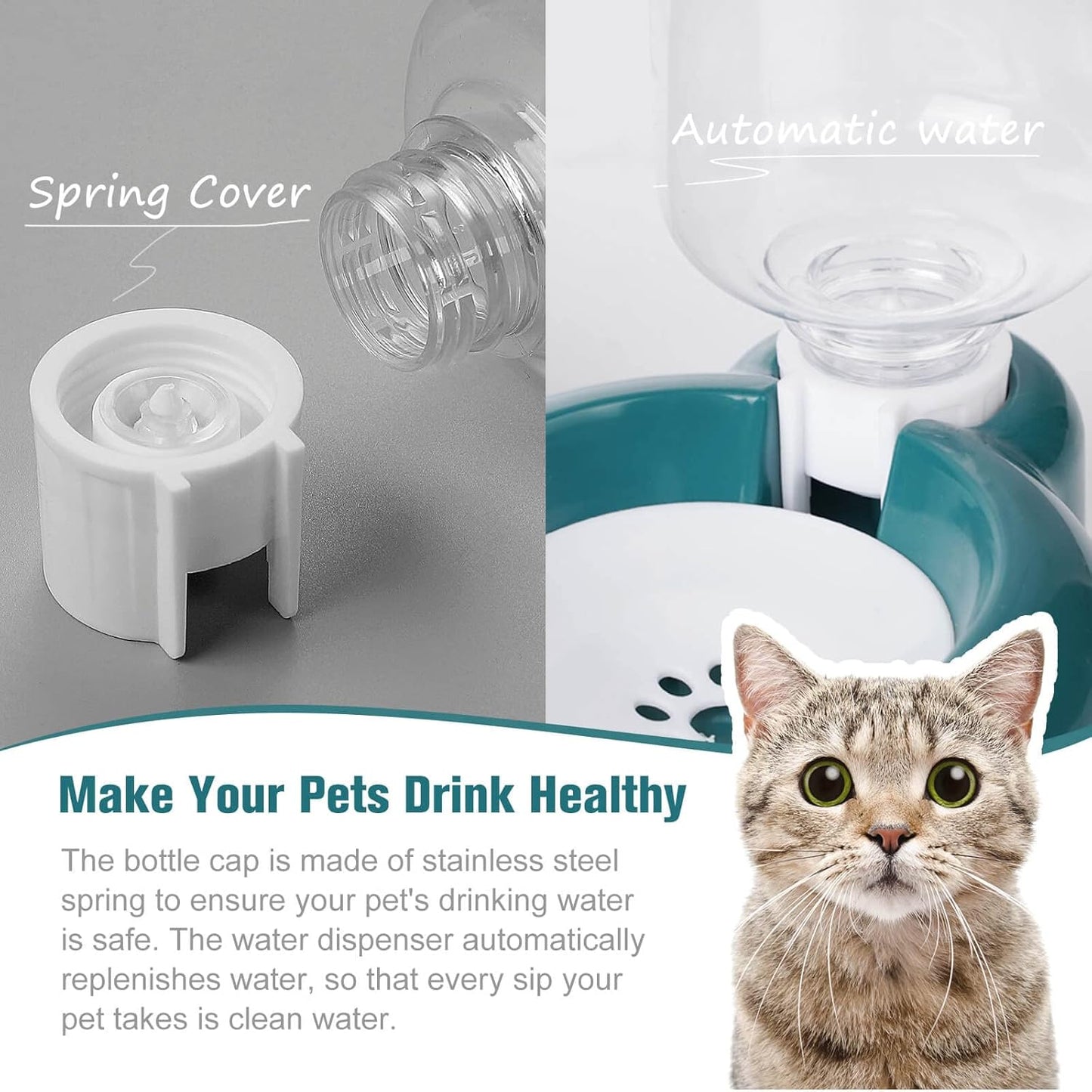 Azwraith Dog Bowl Set, Cat Food and Water with Water Dispenser and Stainless Steel Bowl for Cats and Small Dogs, Dark Green