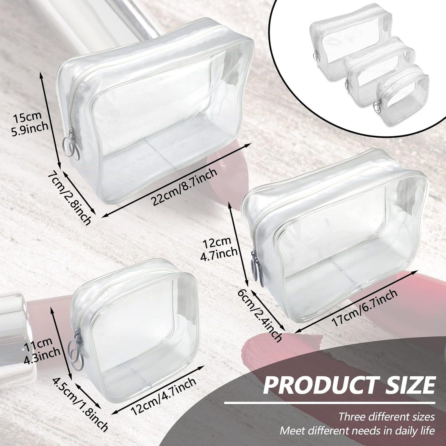 Set of 3 Clear Cosmetic Bags, Double Zipper Sliders Clear Travel Makeup Bags, Water Resistant Toiletry Bags, Portable Clear Pouches, Transparent Travel Pouch Bags (White)