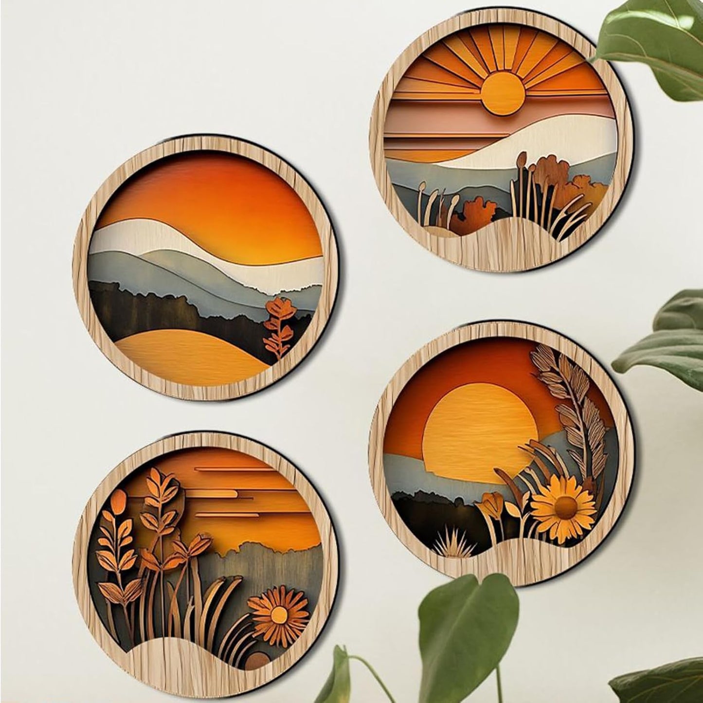 Tuxuseo Boho Wood Wall Decoration, Bohemian Wall Decoration for Bedroom, 4 Round Wooden Frames, 20 x 20 cm, Geometric Art for Home, Hallway, Entrance Area, Windowsill