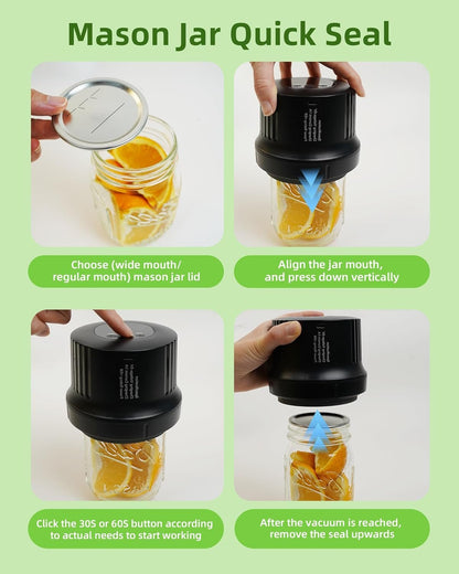 Electric Mason Jar Vacuum Sealer, Cordless 3-in-1 Vacuum Sealer Kit for Wide/Regular Mouth Jars, Wine Bottles & Containers, Food Storage & Fermentation (Black)