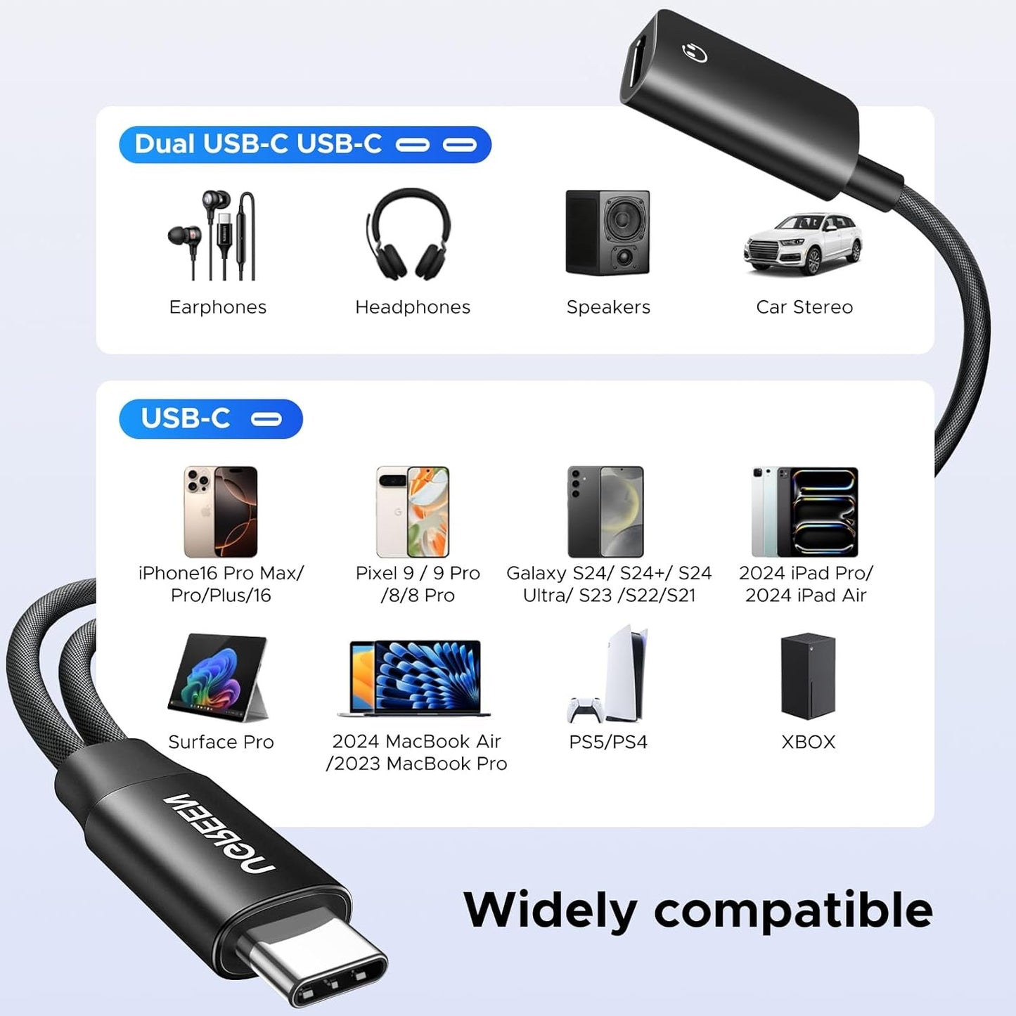 UGREEN Magnetic USB C Splitter 1 in 2 Out Dual USB C Headphone and Charger Type C Audio Adapter with PD 60W Fast Charging Dongle Cable for iPhone 16 Pro Max, Galaxy S25 Ultra, Pixel 9, iPad Pro/Air