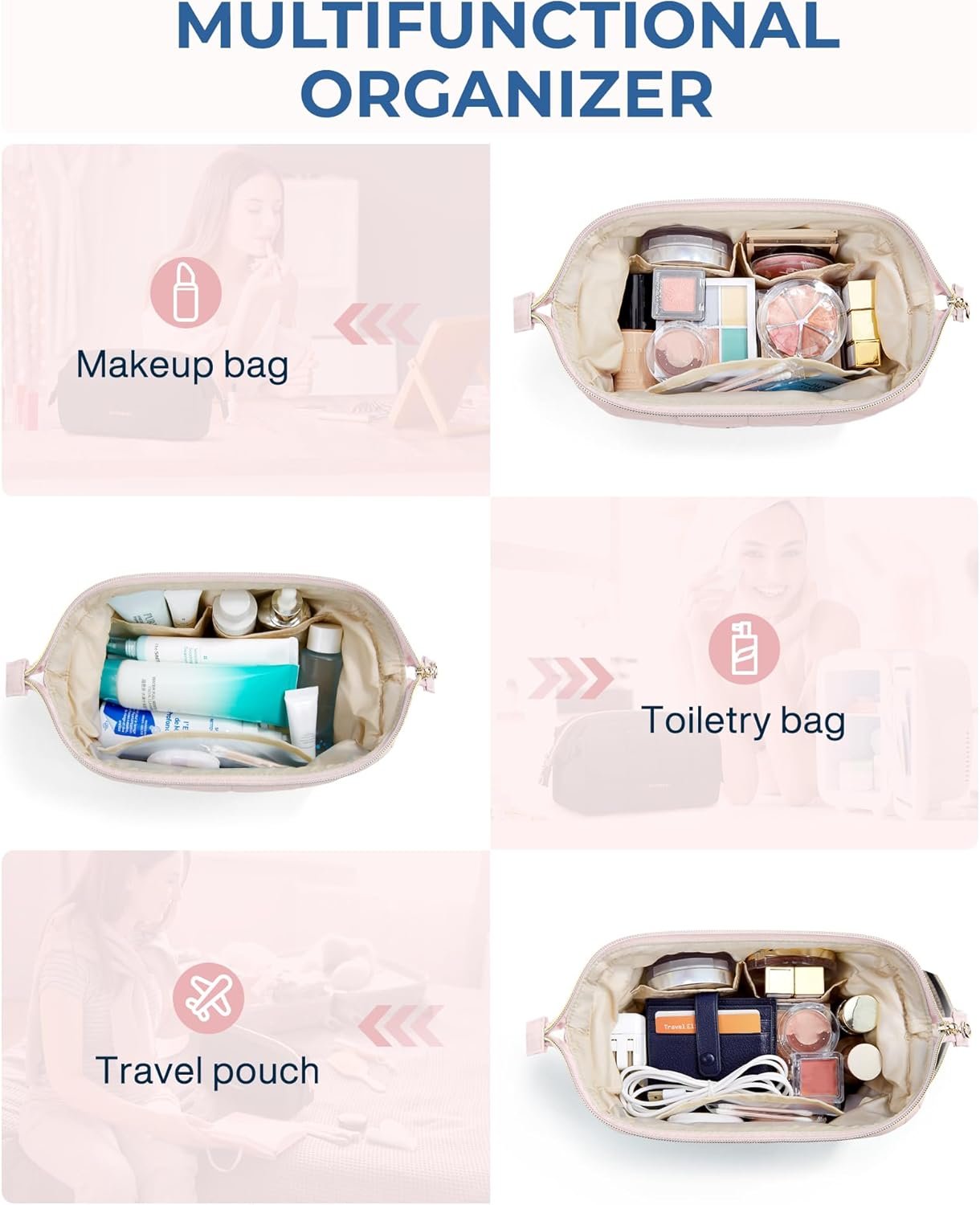BAGSMART Makeup Bag Travel Cosmetic Bag, Puffy Padded Make Up Bags for Women Large Capacity Makeup Organizer Case, Wide-Open Pouch Purse Travel Essentials Toiletries Accessories Brushes, Pink
