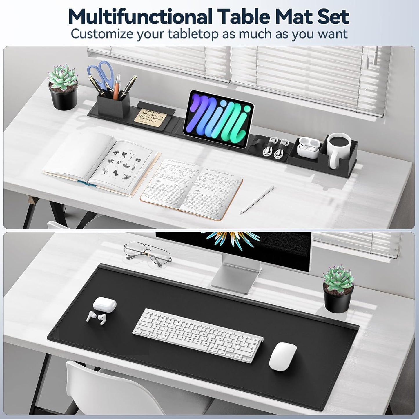 KDD Desk Pad and Organizer Set, 6 in 1 Mouse Mat with Magnetic Desktop Storage Accessories DIY Feature for Phone/Tablet Stand/Cup Holder/Card/Pen Holder/Cable Management for Office and Home