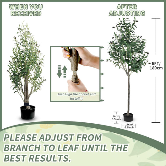 Artificial Olive Tree 6FT/180cm Tall Faux Silk Plant Large Fake Olive Potted Tree with Natural Wood Trunk and Lifelike Fruit for Home Office Decor Indoor with Plastic Planter