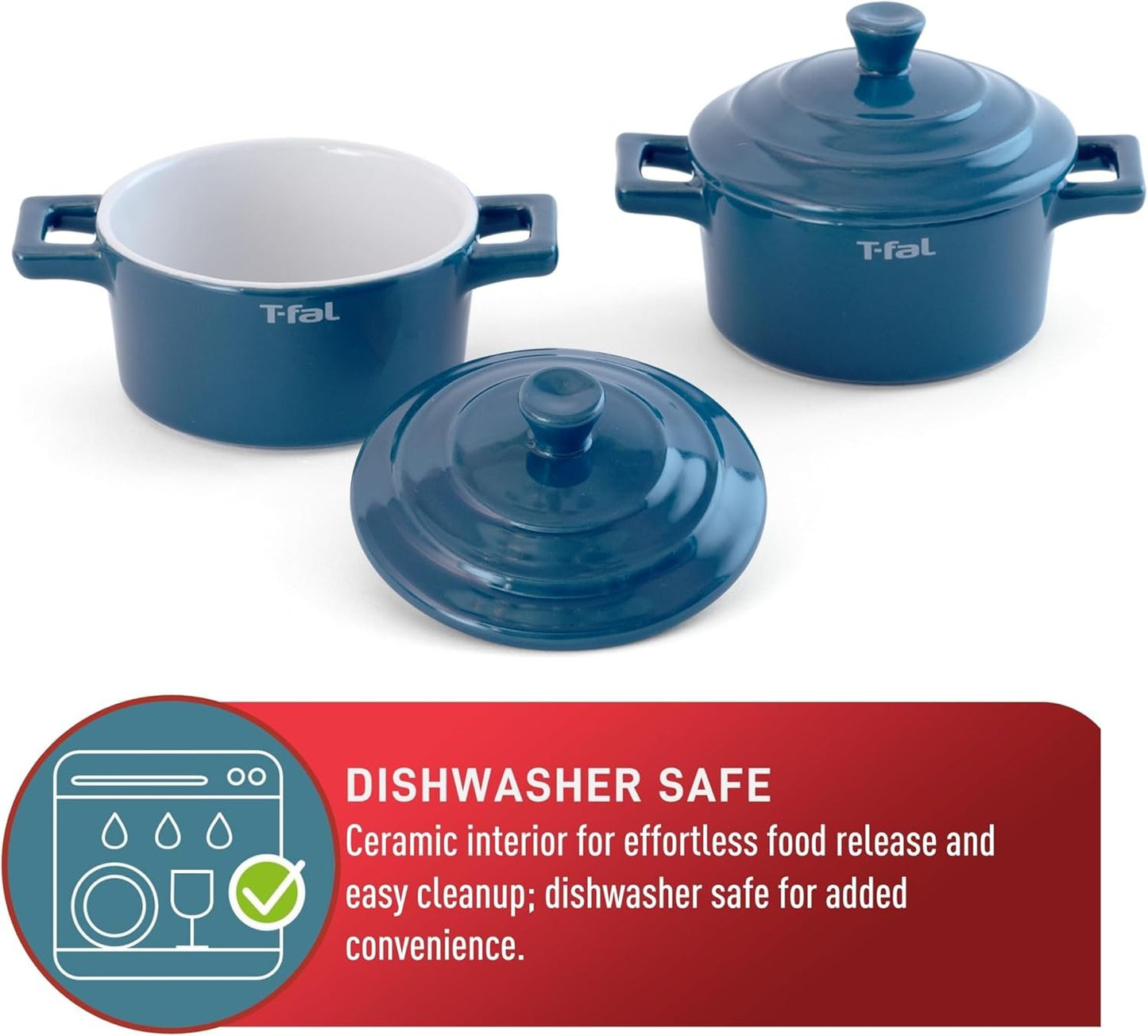 T-Fal Ceramic 2 Pc Mini-Cocotte set with lids, uniform heat-distribution, oven, microwave, freezer and dishwasher safe, blue