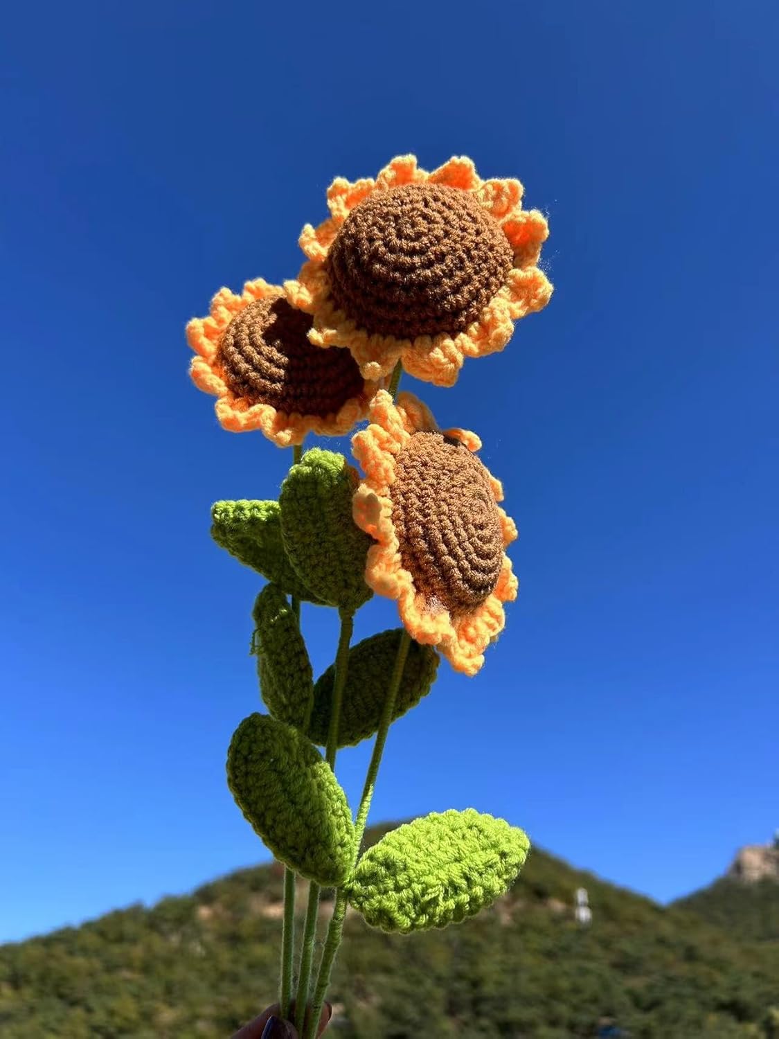 Ozfuns 3 Pcs Knitting Crochet Flowers Bouquet Handmade Sunflower Decor by Cotton Artificial Flowers Bouquet Handmade Home Decor Girl Gift