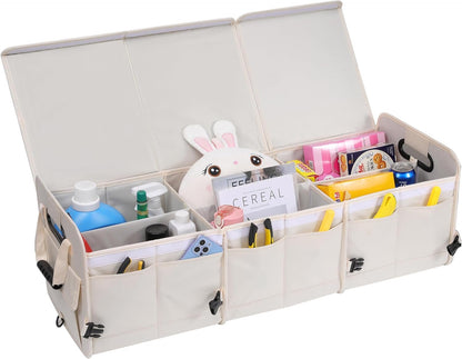 AOKJOY Car Trunk Organizer with Lid Storage Collapsible Multi Compartment Adjustable Straps for SUV, Truck, Sedan(Beige) XL