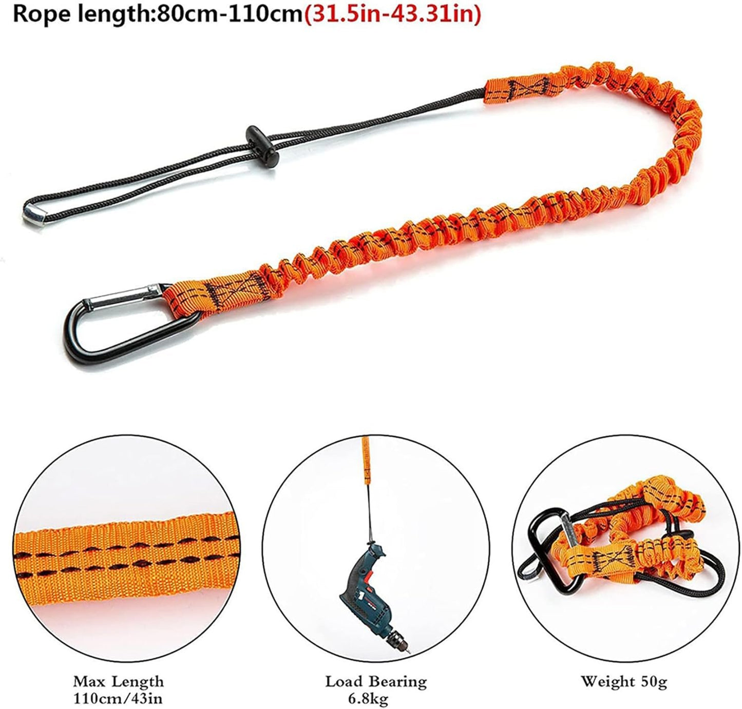 Tool Lanyard, Safety Tool Lanyard with Carabiner Clip, Shock Absorbing Retractable Safety Lanyard Bungee Chord, Retractable Tool Lanyard, Fall Protection Lanyard - 2 Set, 24in/60cm
