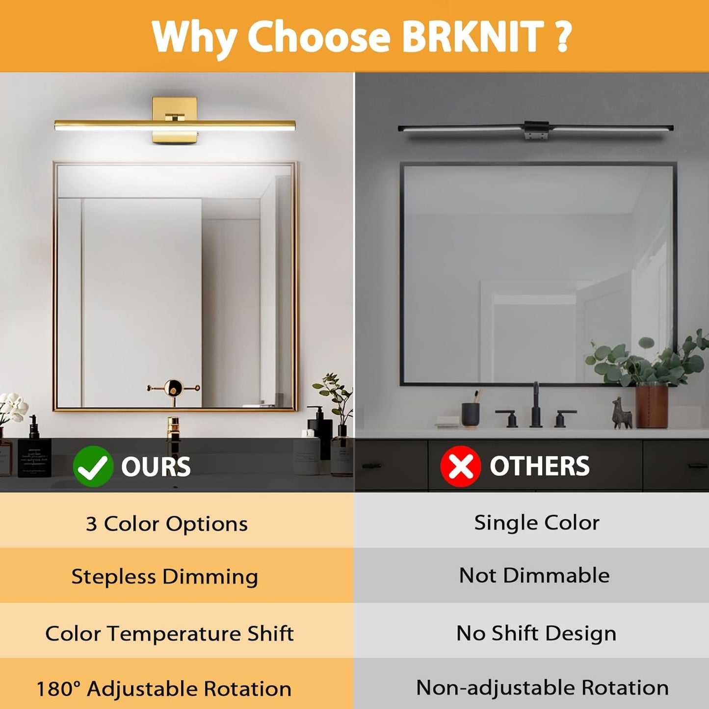BrkNit 24 Inch LED Bathroom Vanity Light (3000K/4000K/6000K, Dimmable), Brass Modern Bathroom Light Fixture Over Mirror, Vanity Light Bar for Bathroom with Angle Adjustable
