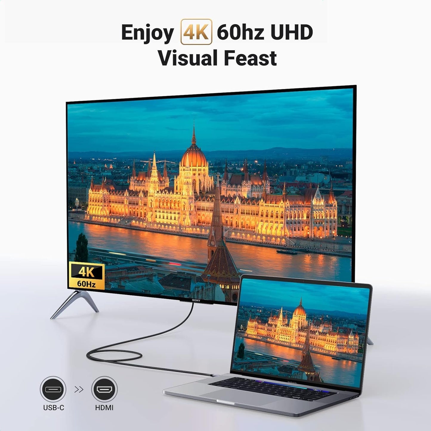 UGREEN 4K@60Hz USB C to HDMI Cable 2M, Type C Thunderbolt 4/3 Video Adapter for Home Office Compatible with iPhone 16/15 Pro Max Plus, MacBook Pro Air iPad Pro, XPS, Galaxy S24, Steam Deck