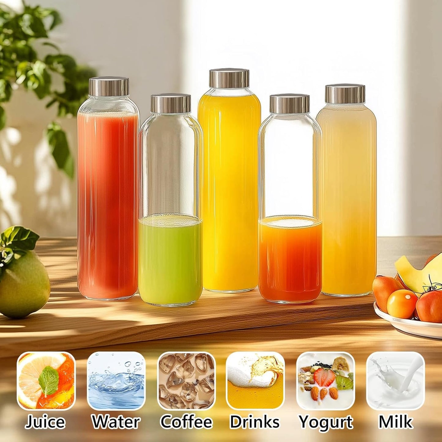 KEYWING 12Pack Glass Juice Bottles with Lids, 18oz Clear Juicing Bottle with Reusable Glass, Leak Proof Water Bottles with Airtight Stainless Steel Cap for Juice, Milk, Coffee