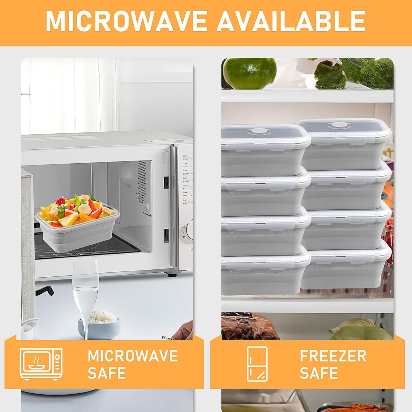 8 Pack 17 oz Silicone Collapsible Food Storage Containers Rectangle Meal Prep Container with Vent Lids Foldable Lunch Box for Camping Kitchen Microwave Dishwasher Freezer Safe (Gray)