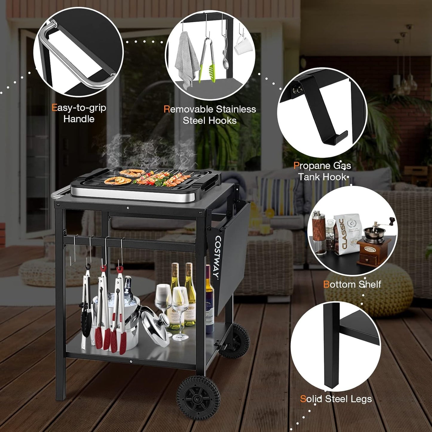 Costway Movable Dining Cart Table, Double-Shelf Trolley with Folding Tabletop, 4 Extra Hooks & 2 Directional Wheels, Outdoor Prep Cart for Pizza Oven & BBQ Grill, Worktable for Backyard, Patio, Garden