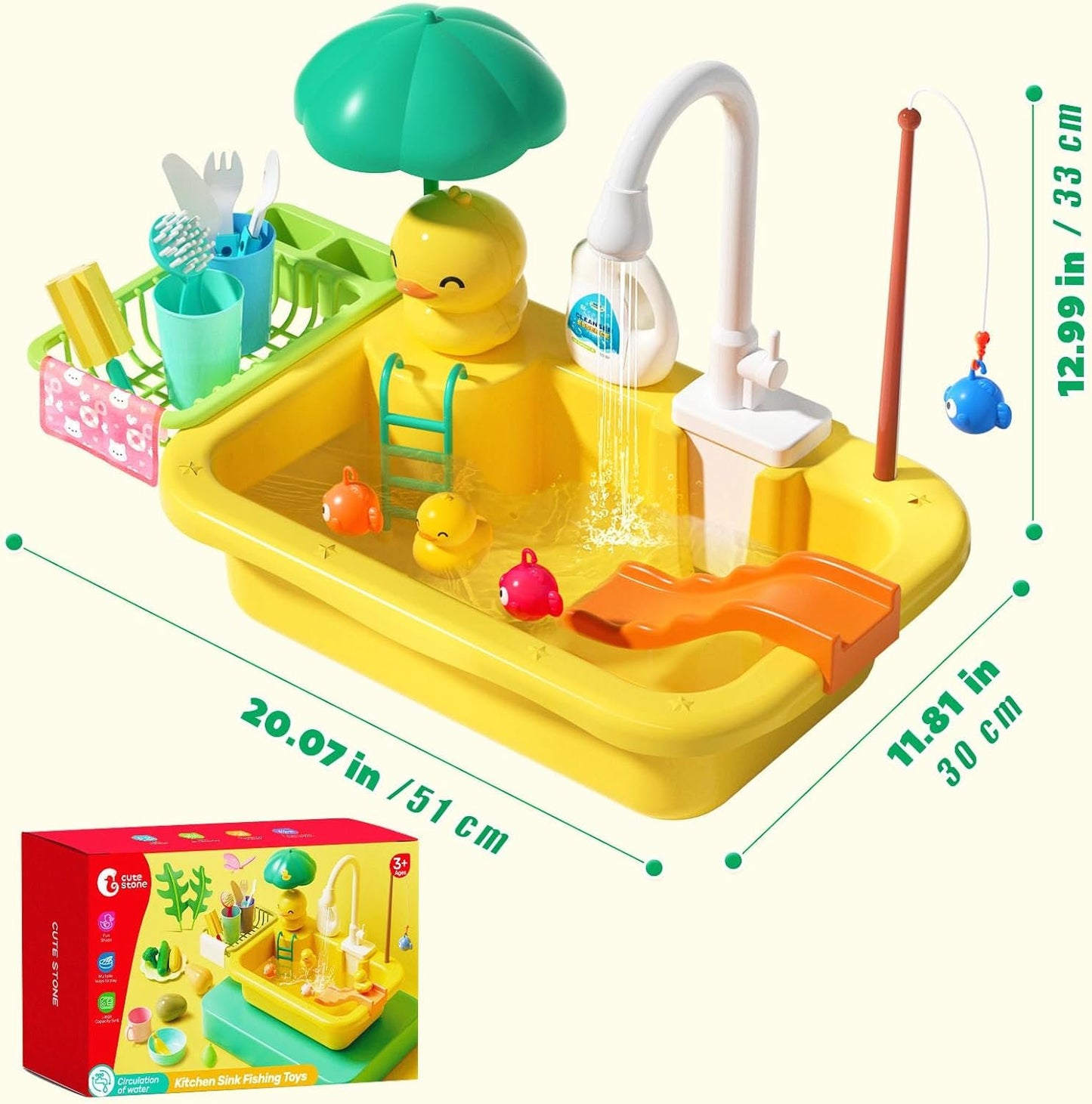 CUTE STONE Play Sink with Running Water, Kitchen Sink Toys with Upgraded Electric Faucet, Play Food Toys, Pool Floating Fishing Toys for Water Play, Kids Role Play Dishwasher Toy Gift for Boys Girls