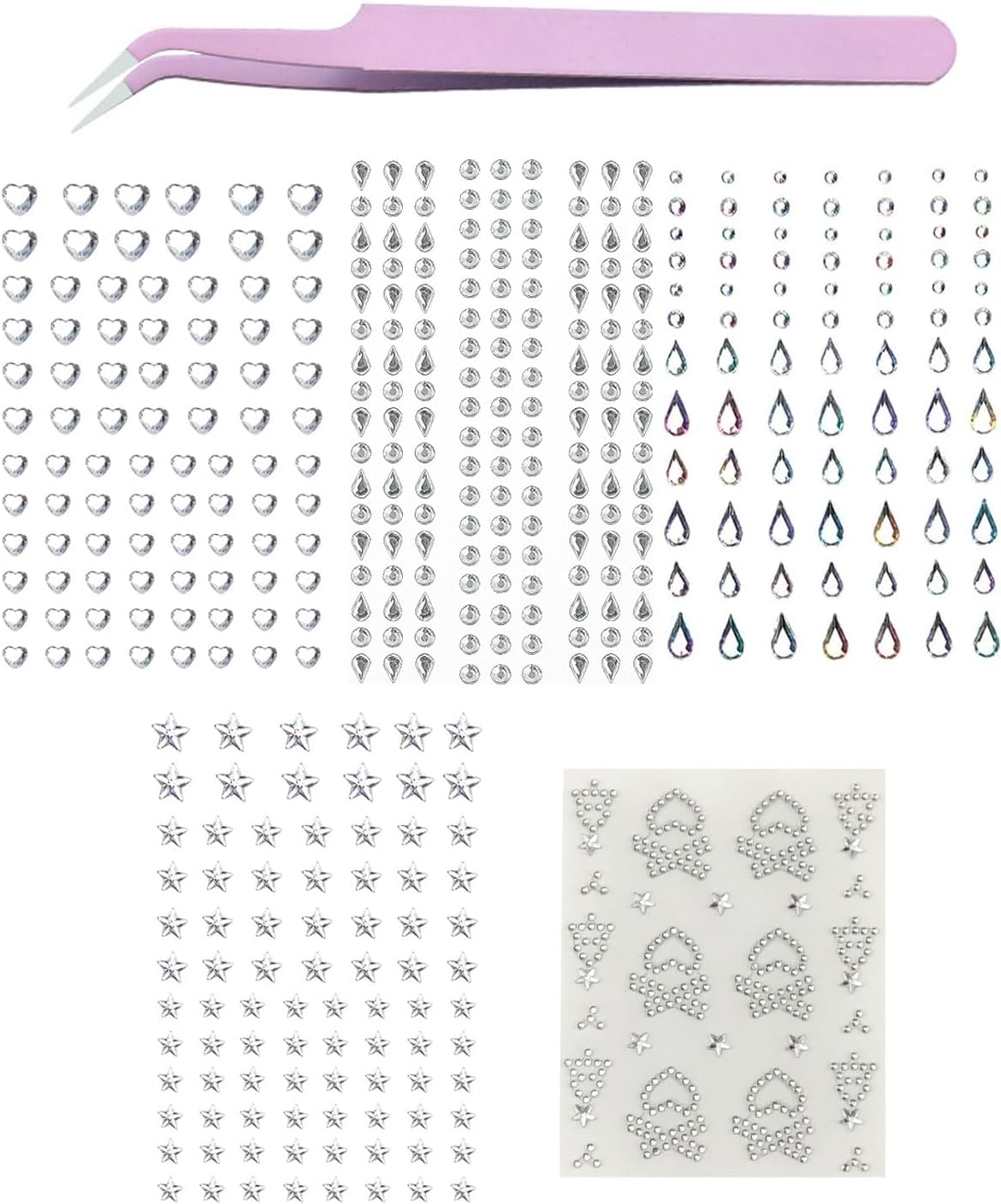 Zeayebsr 5 Pieces Rhinestone Stickers Glitter Make Up, Rhinestone Stickers Glitter Face Stickers with Tweezers for Festival DIY Nail Art Face Decoration Party Accessories (Multiple Shapes)