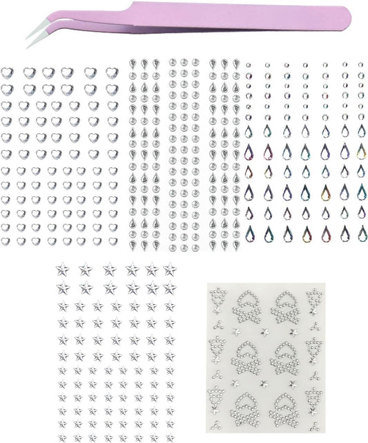 Zeayebsr 5 Pieces Rhinestone Stickers Glitter Make Up, Rhinestone Stickers Glitter Face Stickers with Tweezers for Festival DIY Nail Art Face Decoration Party Accessories (Multiple Shapes)