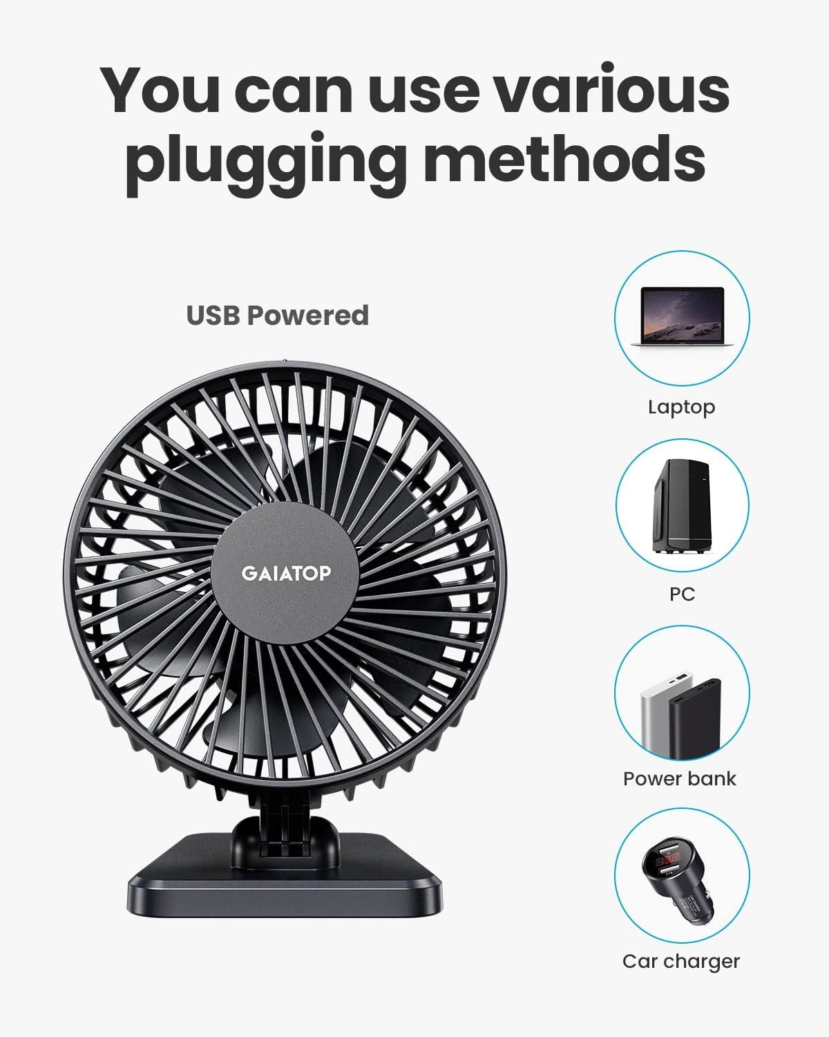 Gaiatop USB Desk Fan, Small But Powerful, Portable Quiet 3 Speeds Wind Desktop Personal Fan, Adjustment Mini Fan Table Fan for Better Cooling, Home Office Car Indoor Outdoor Black