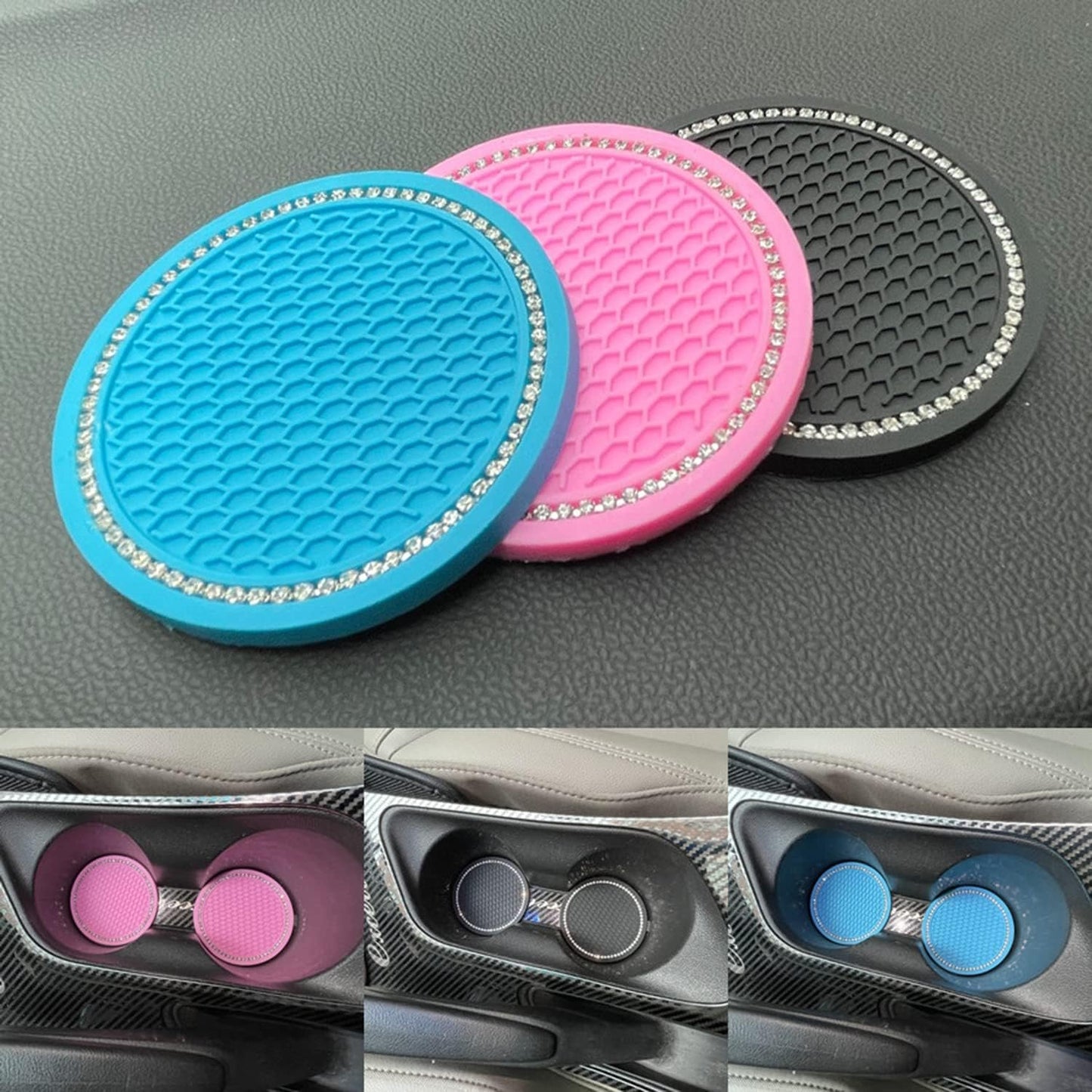 Paifeancodill 2 Pcs Universal Car Bling Cup Holder Insert Coaster Car Interior Accessories, Car Cup Holder Coaster, Silicone Crystal Rhinestone Vehicle Coaster, Auto Cup Holder Insert Coasters(Pink)
